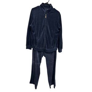 Two-Piece Navy Velour Zip-Up Tracksuit With High Collar Elastic Waist Sz M/L